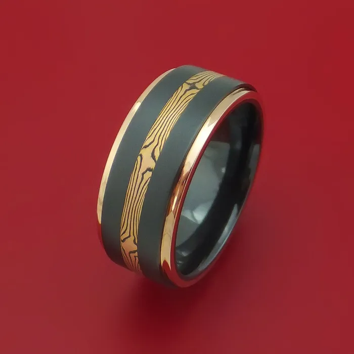 Rings Lashbrook Black Zirconium and Mokume Ring with Gold Edges Custom Made Band Rings Lashbrook Black Zirconium and Mokume Ring with Gold Edges Custom Made Band