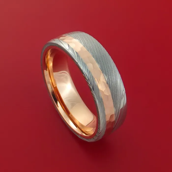 Rings Lashbrook Damascus Steel Ring with 14k Rose Gold Inlay and Interior 14k Rose Gold Sleeve Custom Made Band Rings Lashbrook Damascus Steel Ring with 14k Rose Gold Inlay and Interior 14k Rose Gold Sleeve Custom Made Band