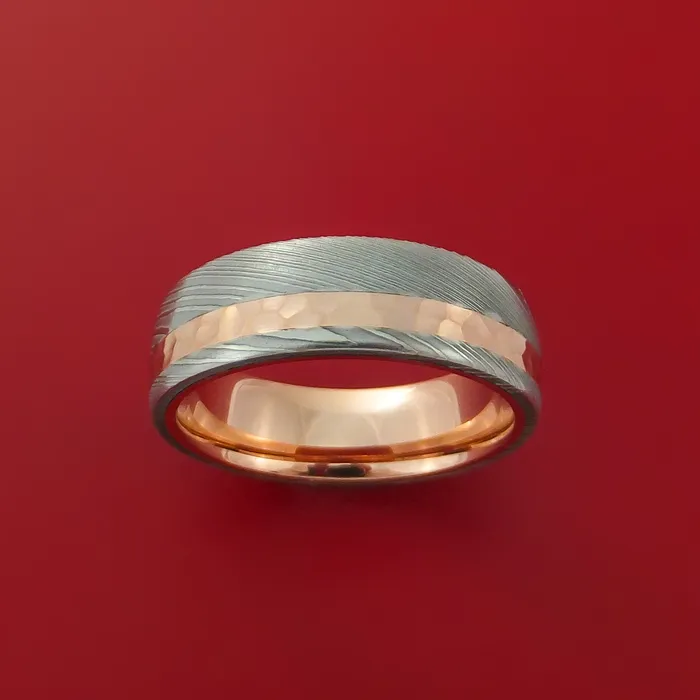 Rings Lashbrook Damascus Steel Ring with 14k Rose Gold Inlay and Interior 14k Rose Gold Sleeve Custom Made Band Rings Lashbrook Damascus Steel Ring with 14k Rose Gold Inlay and Interior 14k Rose Gold Sleeve Custom Made Band