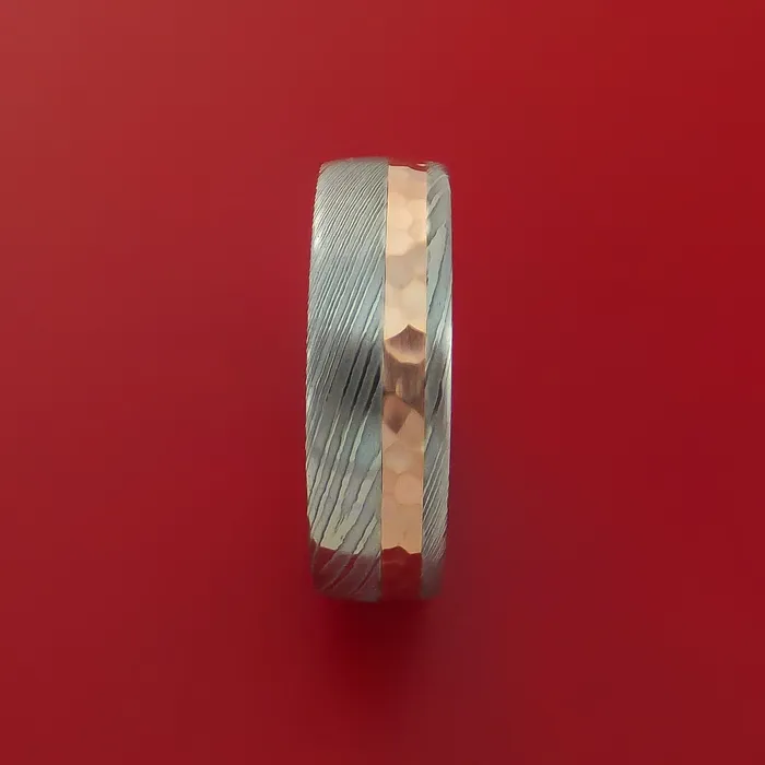 Rings Lashbrook Damascus Steel Ring with 14k Rose Gold Inlay and Interior 14k Rose Gold Sleeve Custom Made Band Rings Lashbrook Damascus Steel Ring with 14k Rose Gold Inlay and Interior 14k Rose Gold Sleeve Custom Made Band