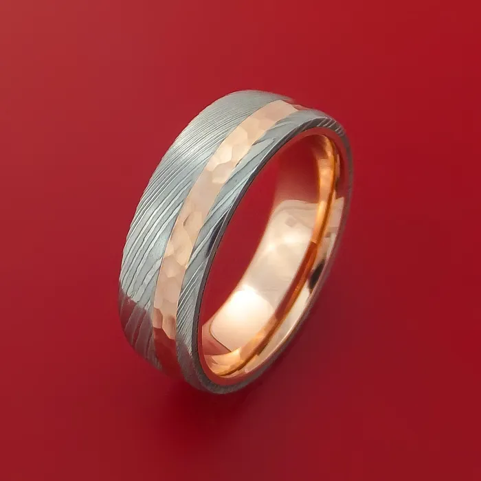 Rings Lashbrook Damascus Steel Ring with 14k Rose Gold Inlay and Interior 14k Rose Gold Sleeve Custom Made Band Rings Lashbrook Damascus Steel Ring with 14k Rose Gold Inlay and Interior 14k Rose Gold Sleeve Custom Made Band