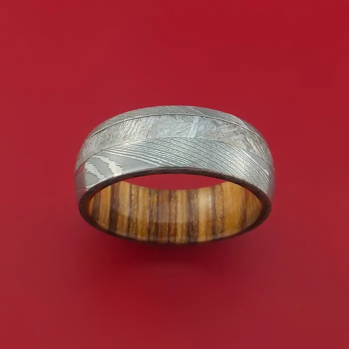 Rings Lashbrook Damascus Steel Ring with Gibeon Meteorite Inlay and Interior Hardwood Sleeve Custom Made Band Rings Lashbrook Damascus Steel Ring with Gibeon Meteorite Inlay and Interior Hardwood Sleeve Custom Made Band
