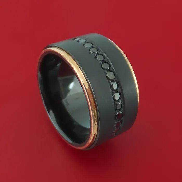 Rings Lashbrook Wide Black Zirconium Ring with Black Diamonds and 14k Rose Gold Edges Custom Made Band Rings Lashbrook Wide Black Zirconium Ring with Black Diamonds and 14k Rose Gold Edges Custom Made Band