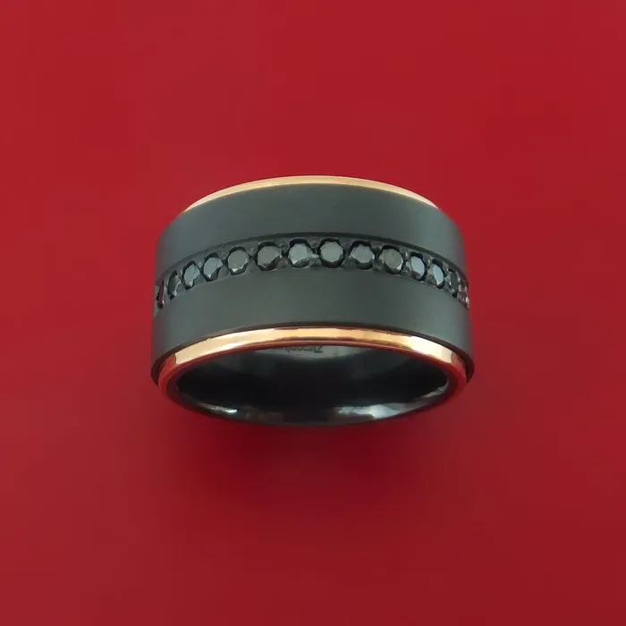 Rings Lashbrook Wide Black Zirconium Ring with Black Diamonds and 14k Rose Gold Edges Custom Made Band Rings Lashbrook Wide Black Zirconium Ring with Black Diamonds and 14k Rose Gold Edges Custom Made Band