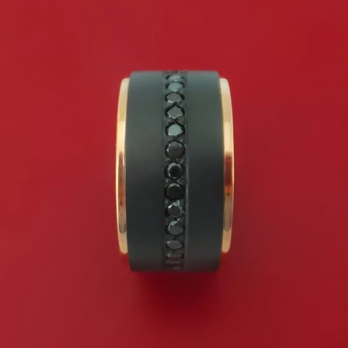 Rings Lashbrook Wide Black Zirconium Ring with Black Diamonds and 14k Rose Gold Edges Custom Made Band Rings Lashbrook Wide Black Zirconium Ring with Black Diamonds and 14k Rose Gold Edges Custom Made Band