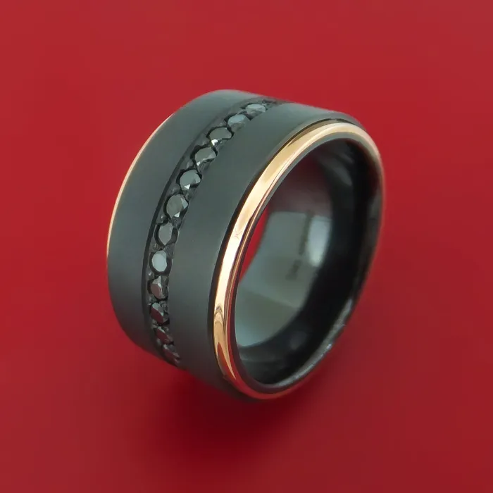 Rings Lashbrook Wide Black Zirconium Ring with Black Diamonds and 14k Rose Gold Edges Custom Made Band Rings Lashbrook Wide Black Zirconium Ring with Black Diamonds and 14k Rose Gold Edges Custom Made Band