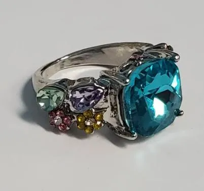 Rings POLLY R497 Silver Blue Gemstone with Flowers Ring