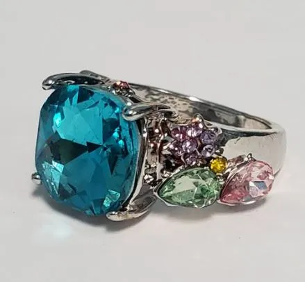 Rings POLLY R497 Silver Blue Gemstone with Flowers Ring