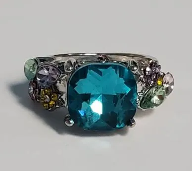Rings POLLY R497 Silver Blue Gemstone with Flowers Ring