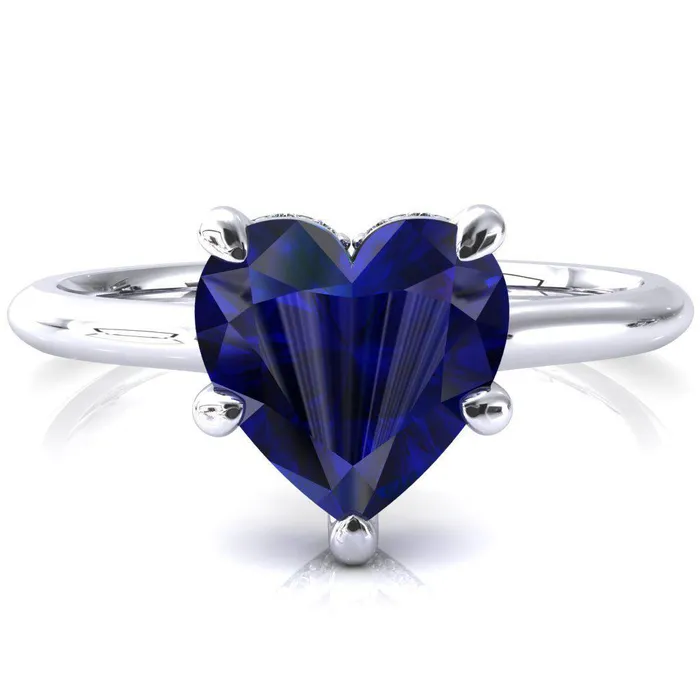 Rings Secret Heart Blue Sapphire 5 Prong Floating Halo Engagement Ring Fire Brilliance 