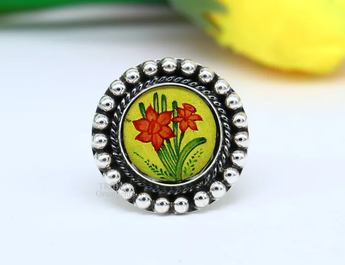 Rings TRIBAL ORNAMENTS 925 sterling silver adjustable ring band fabulous flower design miniature art painting ring Stylish ethnic party jewelry RRing525 Rings TRIBAL ORNAMENTS 925 sterling silver adjustable ring band fabulous flower design miniature art painting ring Stylish ethnic party jewelry RRing525