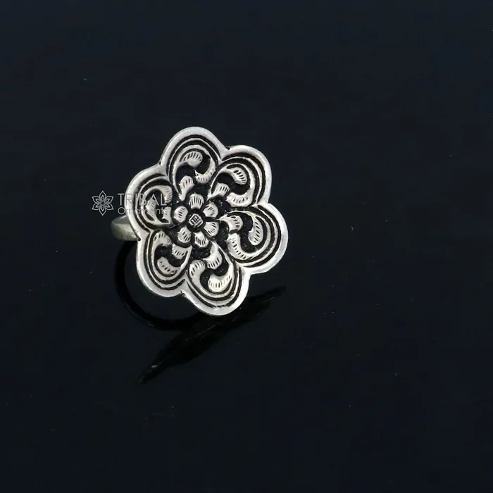 Rings TRIBAL ORNAMENTS Traditional cultural flower design 925 sterling silver adjustable ring best tribal ethnic jewelry for belly dance Navratri jewelry sr385 Rings TRIBAL ORNAMENTS Traditional cultural flower design 925 sterling silver adjustable ring best tribal ethnic jewelry for belly dance Navratri jewelry sr385
