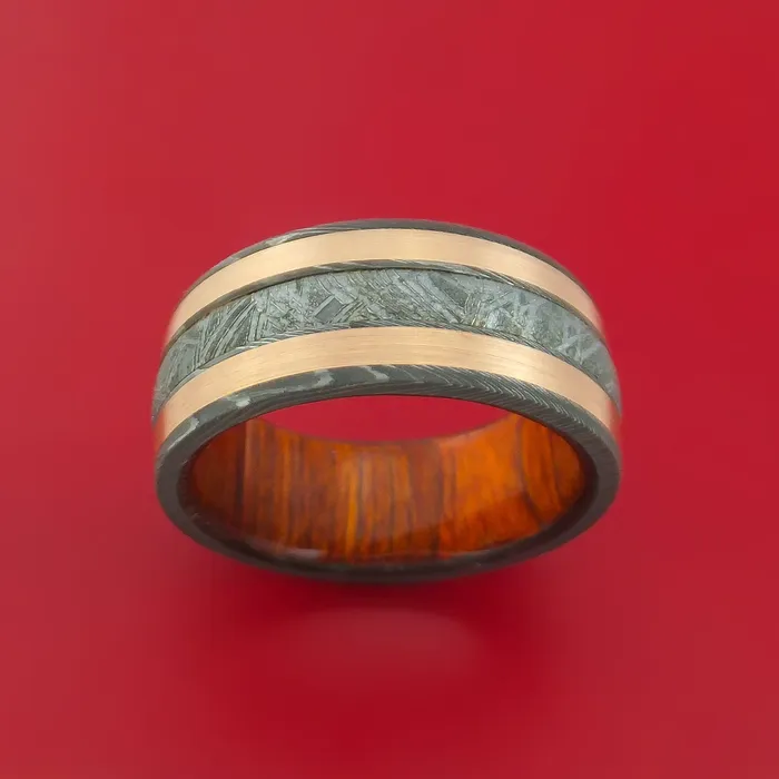 Rings Wide Damascus Steel Ring with Gibeon Meteorite and Copper Inlays and Interior Hardwood Sleeve Custom Made Band Lashbrook