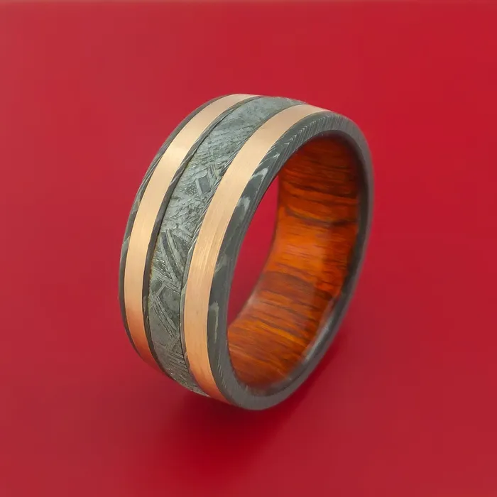 Rings Wide Damascus Steel Ring with Gibeon Meteorite and Copper Inlays and Interior Hardwood Sleeve Custom Made Band Lashbrook