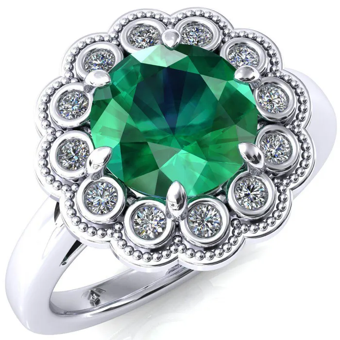 Rings Zinnia Round Emerald 6 Prong Milgrain Diamond Halo Cathedral Engagement Ring Fire Brilliance Rings Zinnia Round Emerald 6 Prong Milgrain Diamond Halo Cathedral Engagement Ring Fire Brilliance