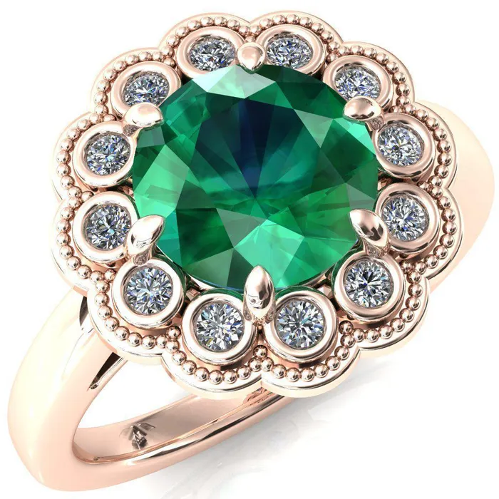 Rings Zinnia Round Emerald 6 Prong Milgrain Diamond Halo Cathedral Engagement Ring Fire Brilliance 