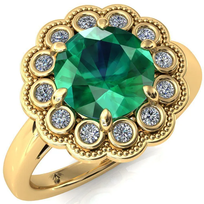 Rings Zinnia Round Emerald 6 Prong Milgrain Diamond Halo Cathedral Engagement Ring Fire Brilliance 