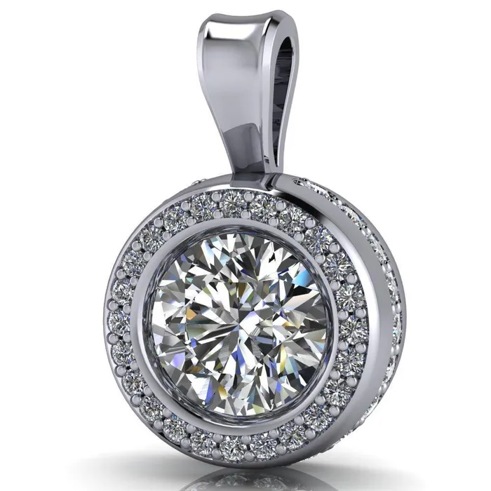 Round Center Stone Bezel Diamond Accent Pendant Fire Brilliance Necklaces