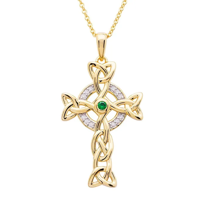Shanore Necklaces 14KT Gold Vermeil Emerald Celtic Cross Necklace embellished with White Cubic Zirconias Shanore Necklaces 14KT Gold Vermeil Emerald Celtic Cross Necklace embellished with White Cubic Zirconias