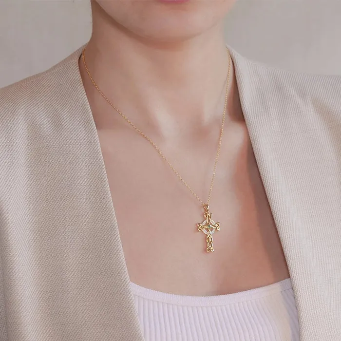 Shanore Necklaces 14KT Gold Vermeil Emerald Celtic Cross Necklace embellished with White Cubic Zirconias