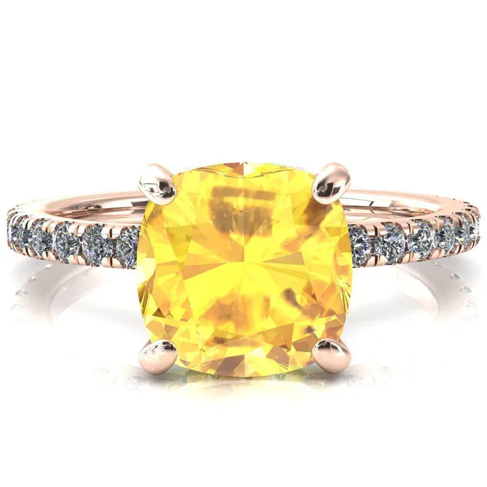 Sicili Cushion Yellow Sapphire 4 Prong 34 Micro Pave Diamond Engagement Ring Fire Brilliance Rings