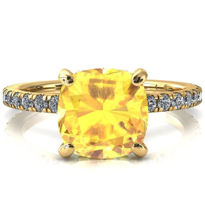 Sicili Cushion Yellow Sapphire 4 Prong 34 Micro Pave Diamond Engagement Ring Fire Brilliance Rings