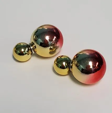 susan Earrings E319 Gold Red Two Tone Double Ball Earrings