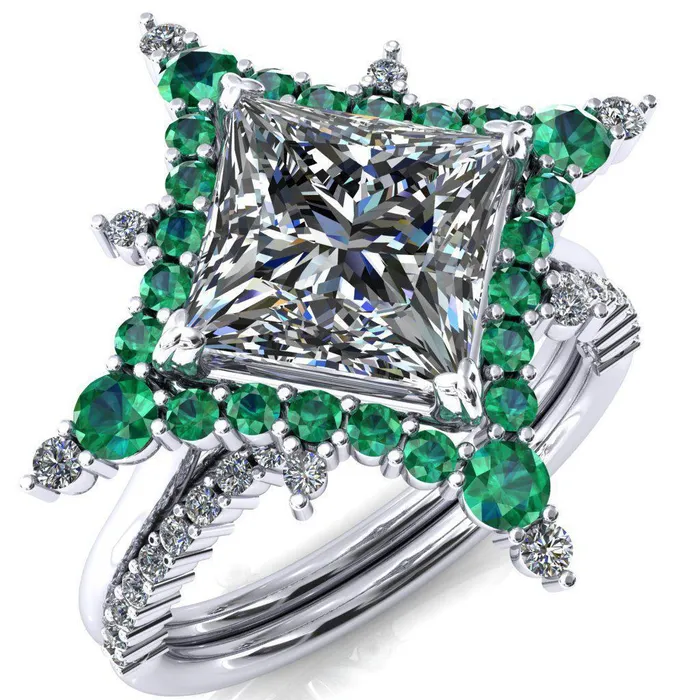 Thalim PrincessSquare Moissanite 4Point Star Emerald and Diamond Halo Ring ver 2 Fire Brilliance Rings Thalim PrincessSquare Moissanite 4Point Star Emerald and Diamond Halo Ring ver 2 Fire Brilliance Rings