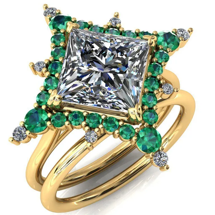 Thalim PrincessSquare Moissanite 4Point Star Emerald and Diamond Halo Ring ver 2 Fire Brilliance Rings