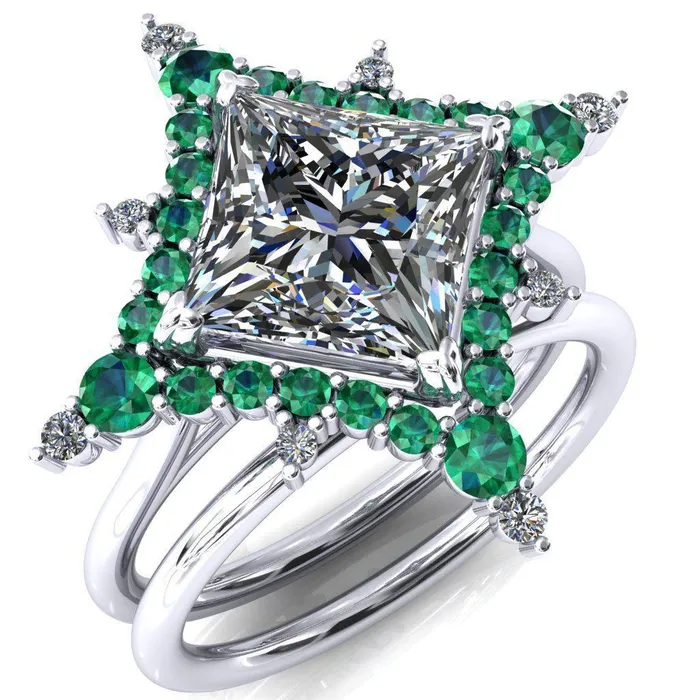 Thalim PrincessSquare Moissanite 4Point Star Emerald and Diamond Halo Ring ver 2 Fire Brilliance Rings