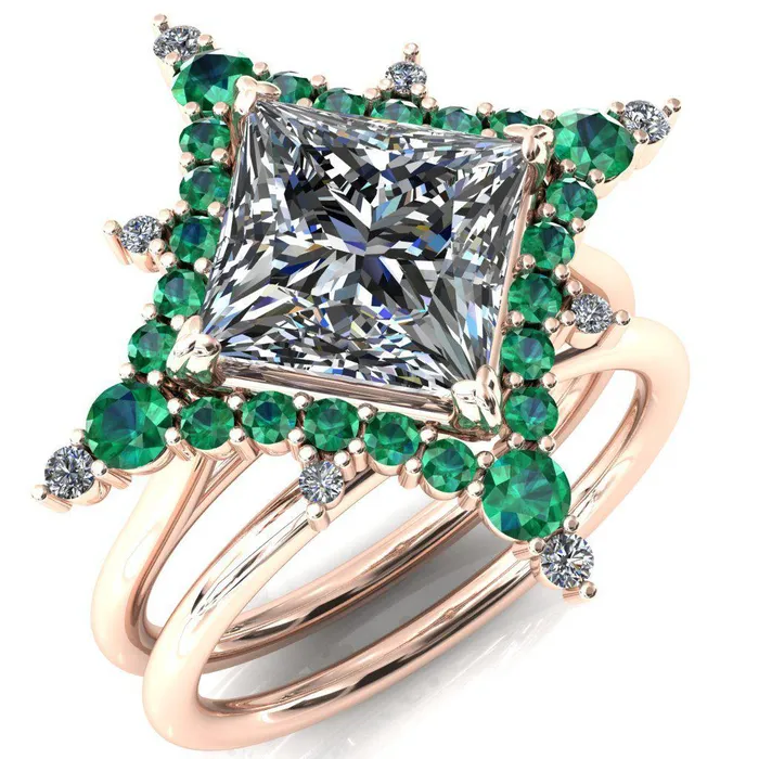 Thalim PrincessSquare Moissanite 4Point Star Emerald and Diamond Halo Ring ver 2 Fire Brilliance Rings
