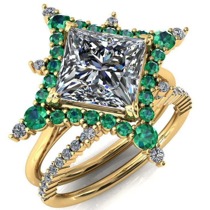 Thalim PrincessSquare Moissanite 4Point Star Emerald and Diamond Halo Ring ver 2 Fire Brilliance Rings