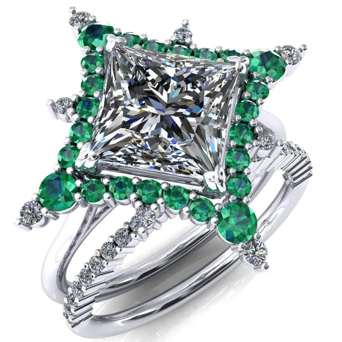 Thalim PrincessSquare Moissanite 4Point Star Emerald and Diamond Halo Ring ver 2 Fire Brilliance Rings