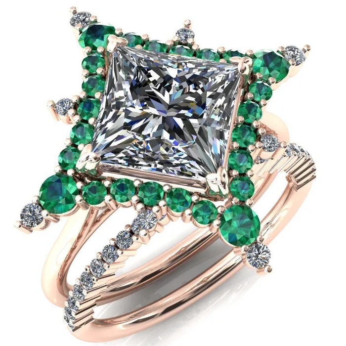 Thalim PrincessSquare Moissanite 4Point Star Emerald and Diamond Halo Ring ver 2 Fire Brilliance Rings