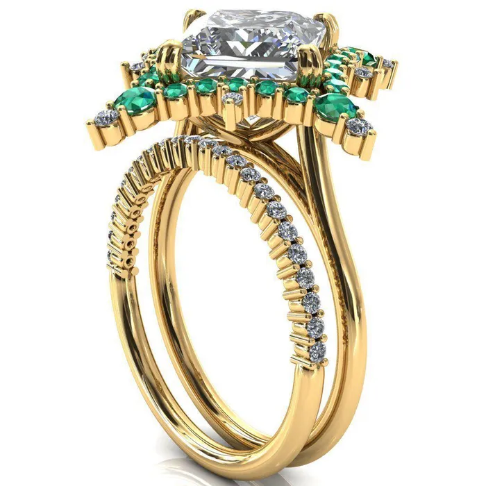 Thalim PrincessSquare Moissanite 4Point Star Emerald and Diamond Halo Ring ver 2 Fire Brilliance Rings