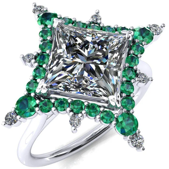 Thalim PrincessSquare Moissanite 4Point Star Emerald and Diamond Halo Ring ver 2 Fire Brilliance Rings