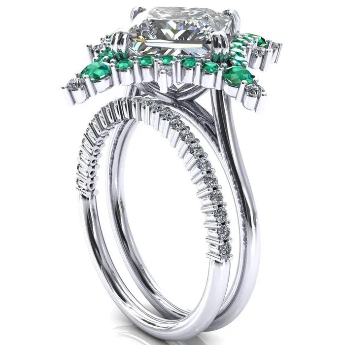 Thalim PrincessSquare Moissanite 4Point Star Emerald and Diamond Halo Ring ver 2 Fire Brilliance Rings