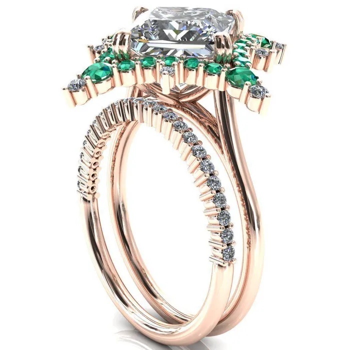 Thalim PrincessSquare Moissanite 4Point Star Emerald and Diamond Halo Ring ver 2 Fire Brilliance Rings