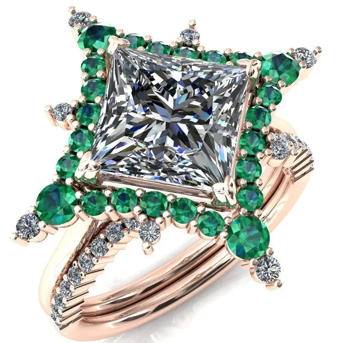 Thalim PrincessSquare Moissanite 4Point Star Emerald and Diamond Halo Ring ver 2 Fire Brilliance Rings