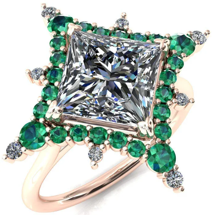 Thalim PrincessSquare Moissanite 4Point Star Emerald and Diamond Halo Ring ver 2 Fire Brilliance Rings