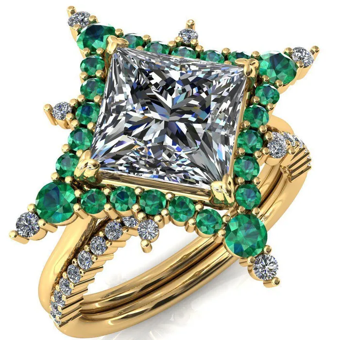 Thalim PrincessSquare Moissanite 4Point Star Emerald and Diamond Halo Ring ver 2 Fire Brilliance Rings