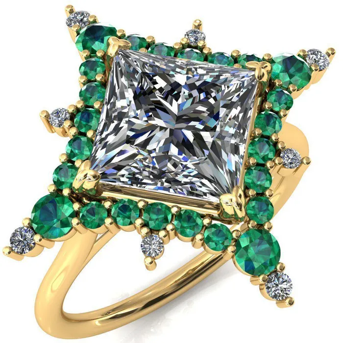 Thalim PrincessSquare Moissanite 4Point Star Emerald and Diamond Halo Ring ver 2 Fire Brilliance Rings