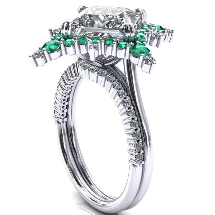 Thalim PrincessSquare Moissanite 4Point Star Emerald and Diamond Halo Ring ver 2 Fire Brilliance Rings