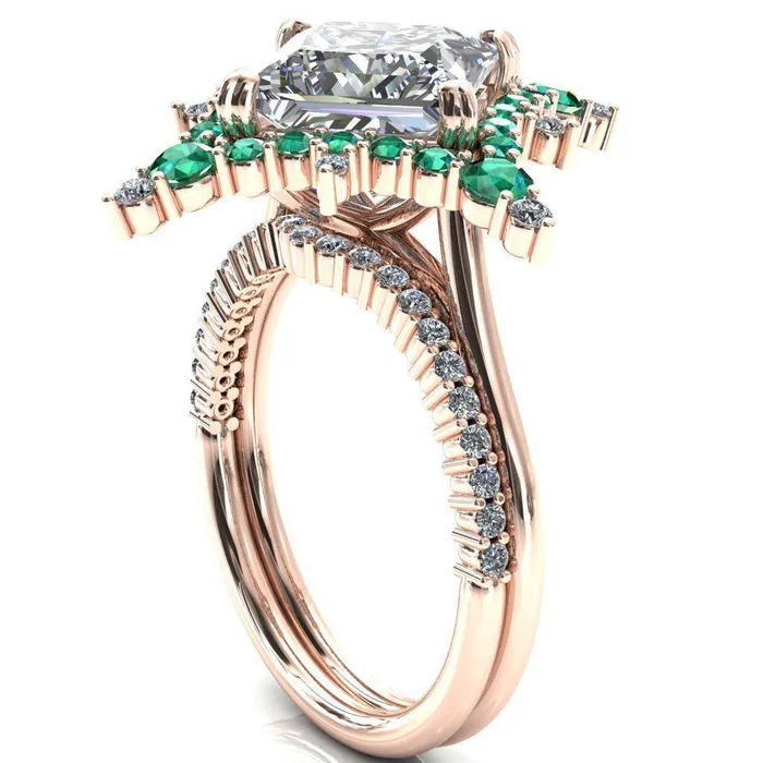 Thalim PrincessSquare Moissanite 4Point Star Emerald and Diamond Halo Ring ver 2 Fire Brilliance Rings