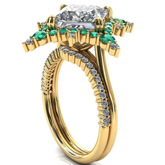 Thalim PrincessSquare Moissanite 4Point Star Emerald and Diamond Halo Ring ver 2 Fire Brilliance Rings