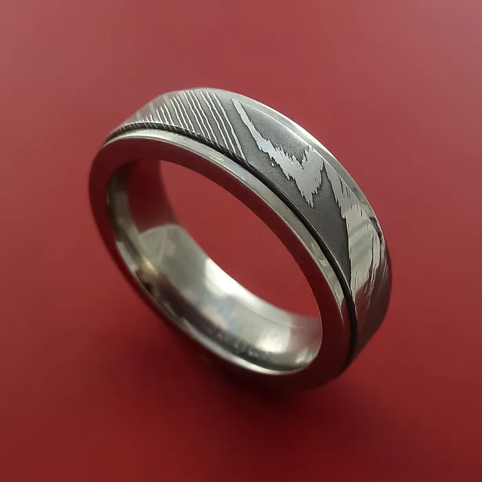 Titanium Spinner Ring with Damascus Steel Inlay Custom Made Band Lashbrook Rings Titanium Spinner Ring with Damascus Steel Inlay Custom Made Band Lashbrook Rings