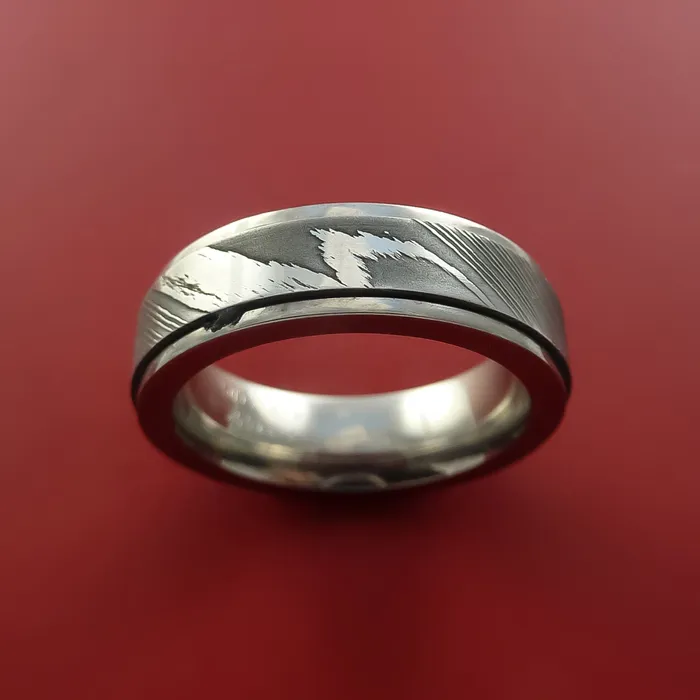 Titanium Spinner Ring with Damascus Steel Inlay Custom Made Band Lashbrook Rings Titanium Spinner Ring with Damascus Steel Inlay Custom Made Band Lashbrook Rings