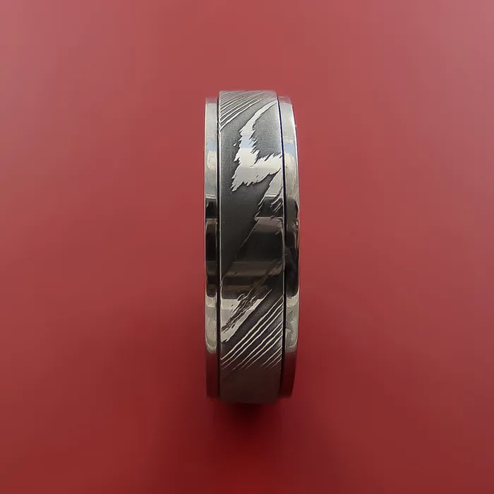 Titanium Spinner Ring with Damascus Steel Inlay Custom Made Band Lashbrook Rings Titanium Spinner Ring with Damascus Steel Inlay Custom Made Band Lashbrook Rings