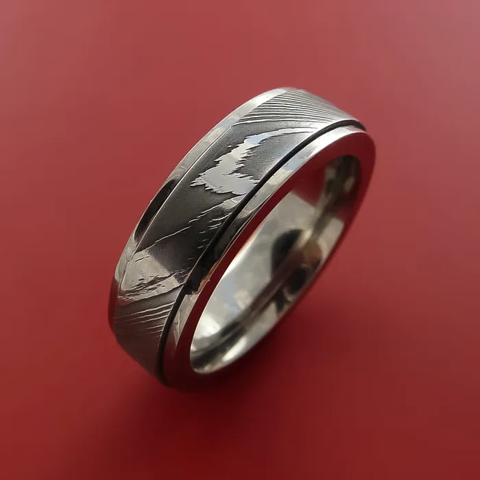 Titanium Spinner Ring with Damascus Steel Inlay Custom Made Band Lashbrook Rings Titanium Spinner Ring with Damascus Steel Inlay Custom Made Band Lashbrook Rings