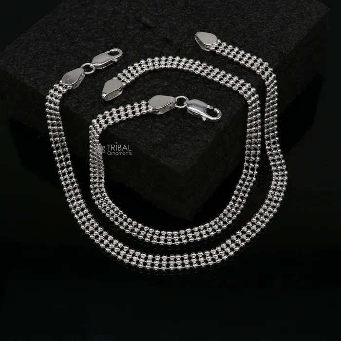 TRIBAL ORNAMENTS 105 925 sterling silver triple line beadedball chain anklet bracelet light weight delicate anklets belly dance silver jewelry ank613 Bracelets
